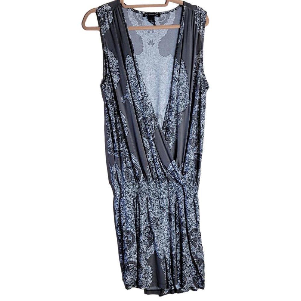 INC Gray White Paisley Print Wrap Smocked Waist Romper Women Size L